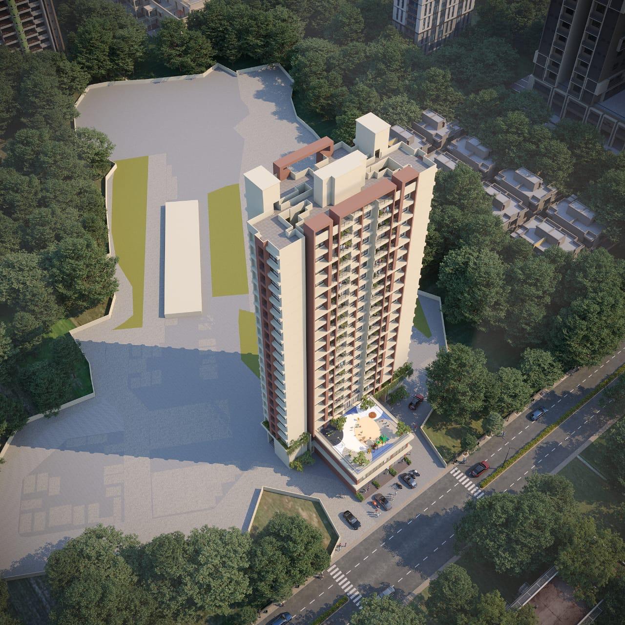 Aerial view of the tower and landscaped grounds