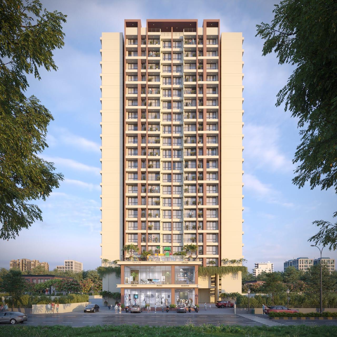 Daytime front elevation of Mansarovar Residency with landscaped surroundings